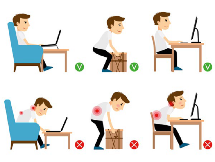 Grafika przedstawiająca prawidłowy sposób siedzenia przed komputerem w fotelu i na krześle oraz podnoszenia ciężkich przedmiotów