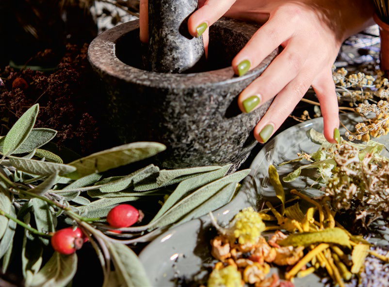 Rozcieranie ziół w moździerzu