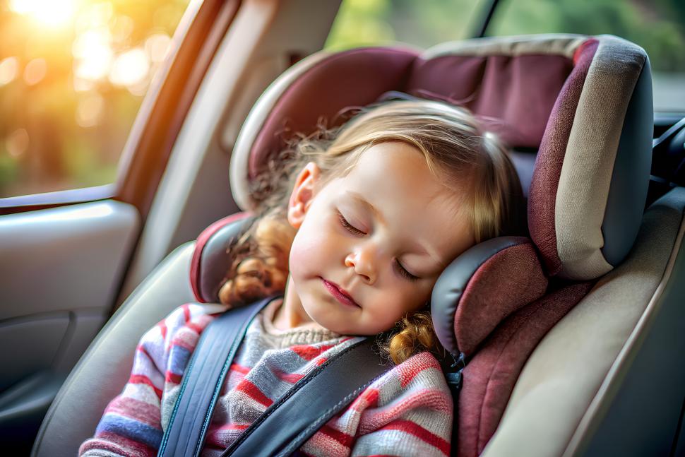 śpiące dziecko w samochodzie